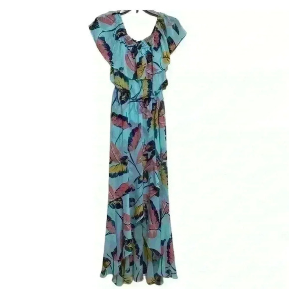 EXPRESS Mint Green Leaf Print Ruffle Off the Shoulder Hi Lo Maxi Dress Size XS - Picture 3 of 10